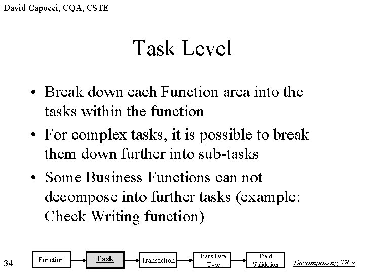 David Capocci, CQA, CSTE Task Level • Break down each Function area into the