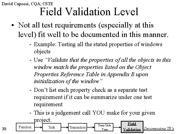 David Capocci, CQA, CSTE Field Validation Level • Not all test requirements (especially at