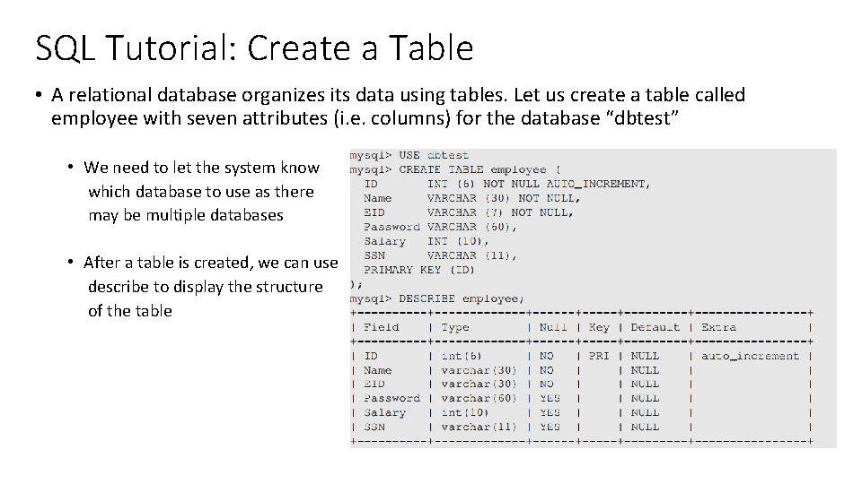 SQL Tutorial: Create a Table • A relational database organizes its data using tables.