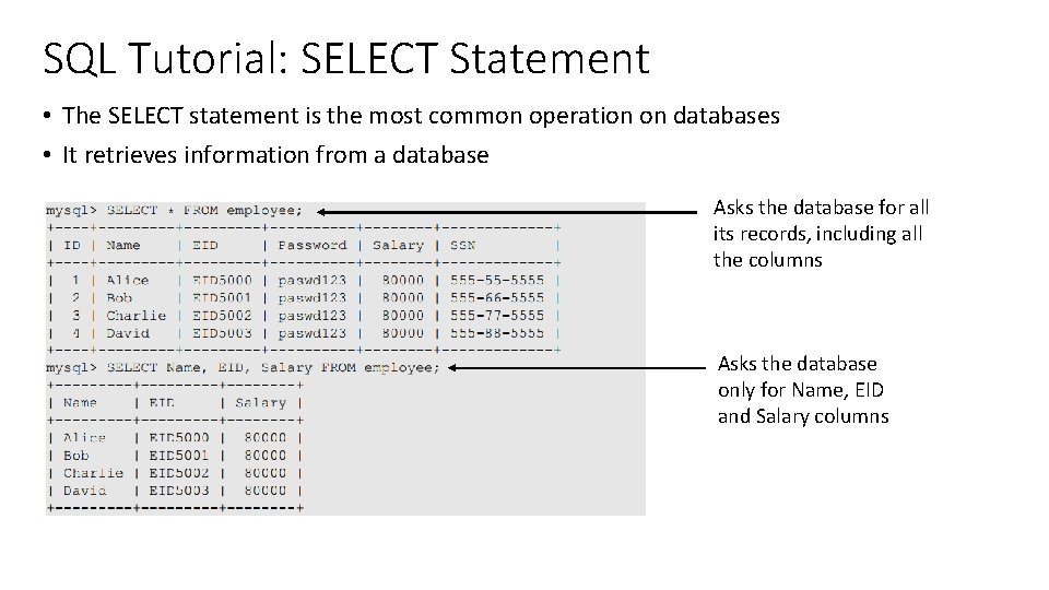 SQL Tutorial: SELECT Statement • The SELECT statement is the most common operation on