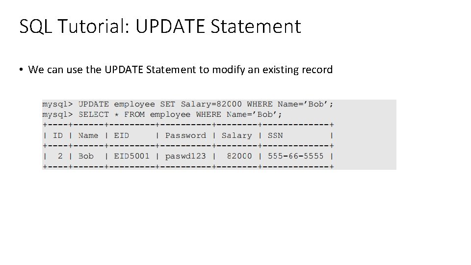 SQL Tutorial: UPDATE Statement • We can use the UPDATE Statement to modify an SQL Tutorial: UPDATE Statement • We can use the UPDATE Statement to modify an