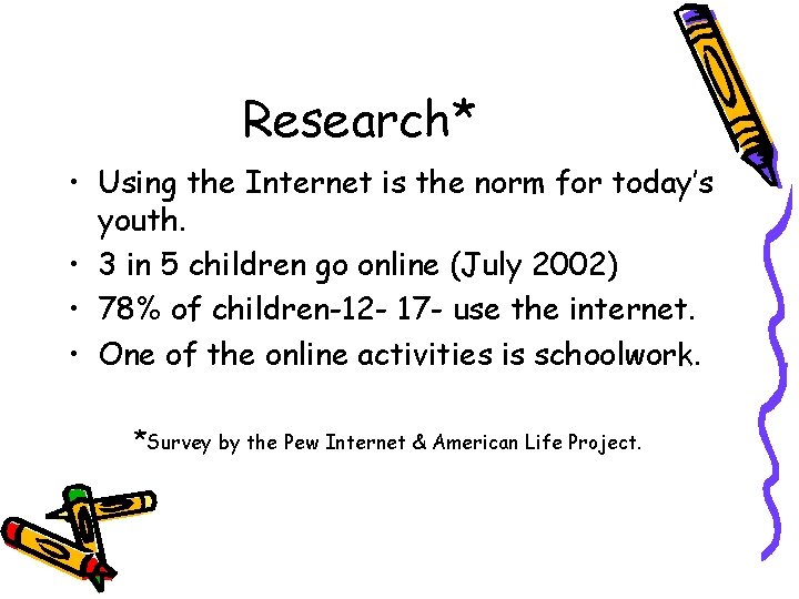 Research* • Using the Internet is the norm for today’s youth. • 3 in