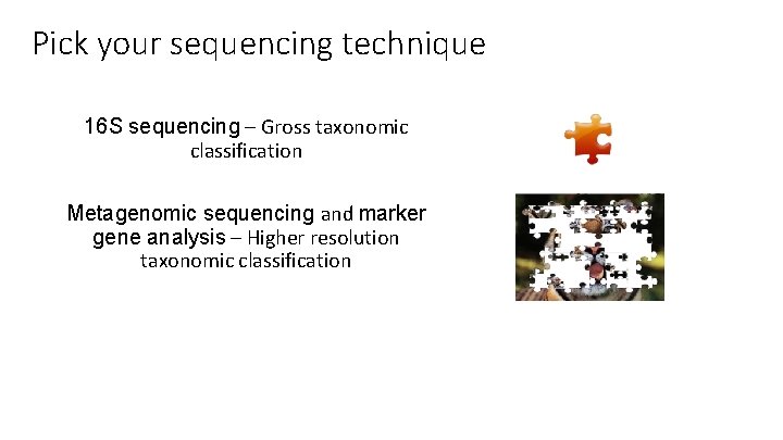 Pick your sequencing technique 16 S sequencing – Gross taxonomic classification Metagenomic sequencing and