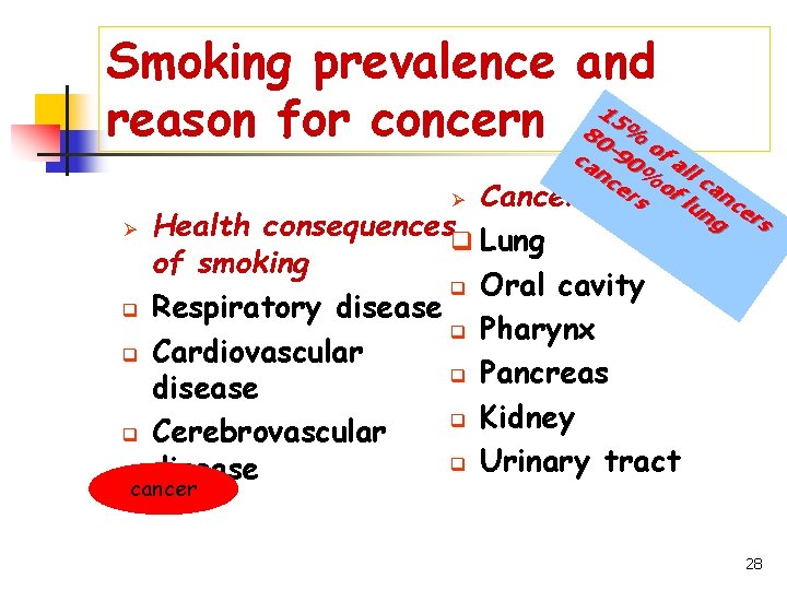 Smoking prevalence and 15 reason for concern 80 -9% of Ø q q q