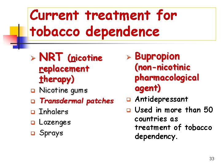 Current treatment for tobacco dependence Ø q q q NRT (nicotine replacement therapy) Nicotine