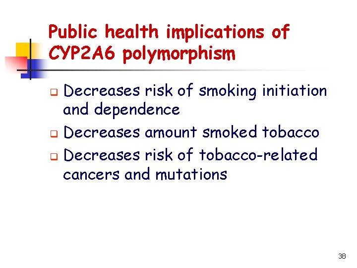 Public health implications of CYP 2 A 6 polymorphism Decreases risk of smoking initiation