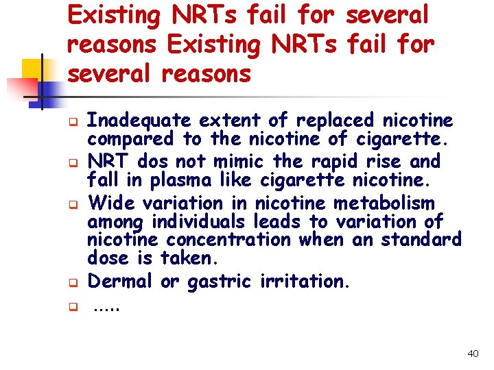 Existing NRTs fail for several reasons q q q Inadequate extent of replaced nicotine