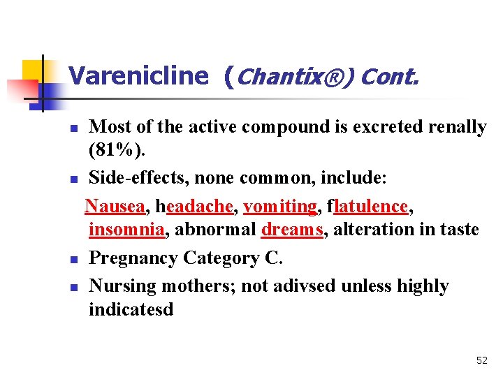 Varenicline (Chantix®) Cont. Most of the active compound is excreted renally (81%). n Side-effects,