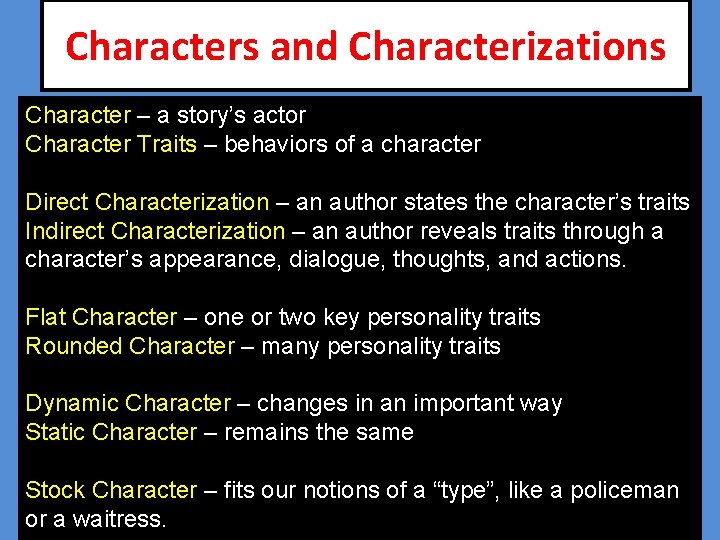 Characters and Characterizations Character – a story’s actor Character Traits – behaviors of a