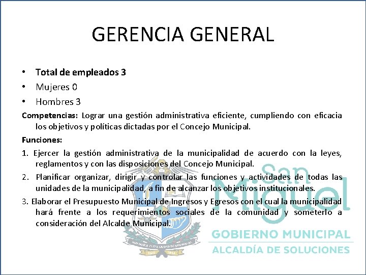 GERENCIA GENERAL • Total de empleados 3 • Mujeres 0 • Hombres 3 Competencias: