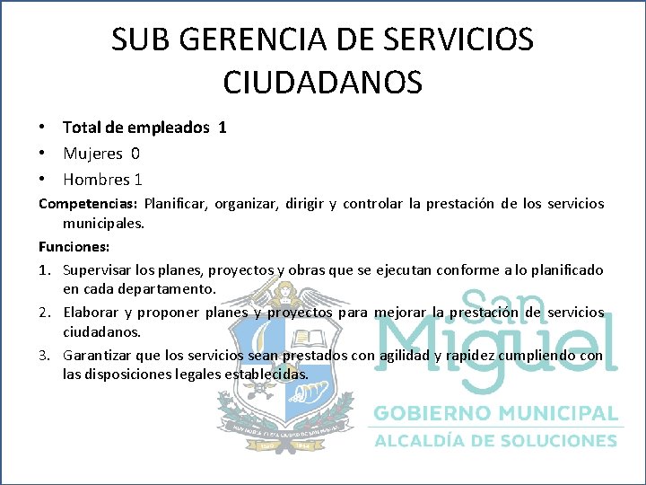 SUB GERENCIA DE SERVICIOS CIUDADANOS • Total de empleados 1 • Mujeres 0 •