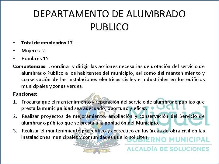 DEPARTAMENTO DE ALUMBRADO PUBLICO • Total de empleados 17 • Mujeres 2 • Hombres