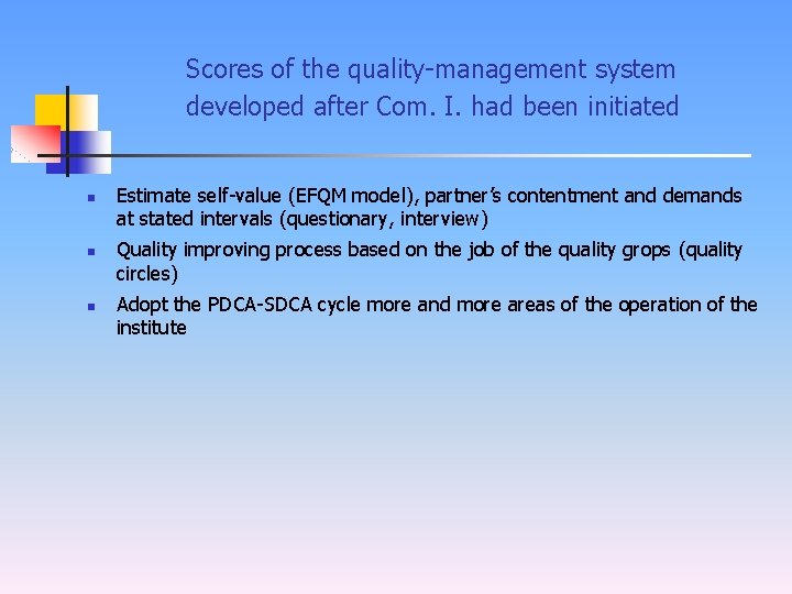 Scores of the quality-management system developed after Com. I. had been initiated n n