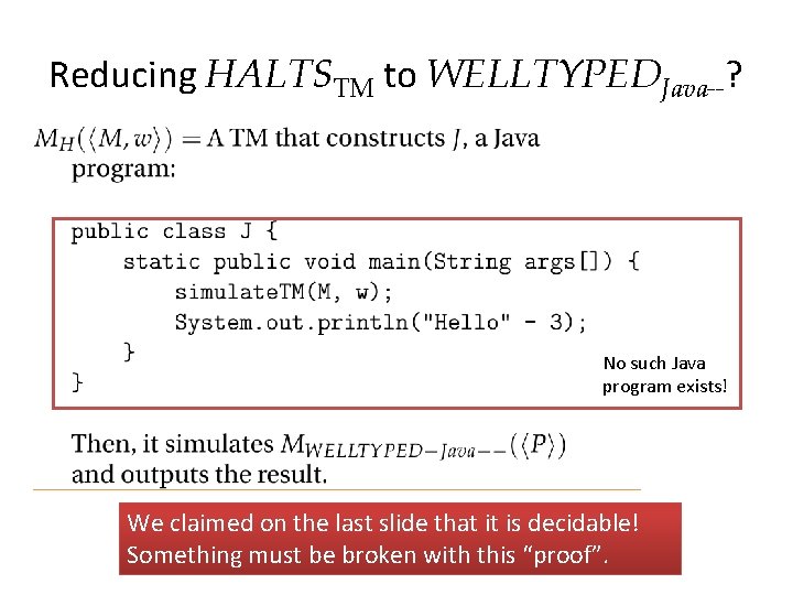 Reducing HALTSTM to WELLTYPEDJava--? No such Java program exists! We claimed on the last