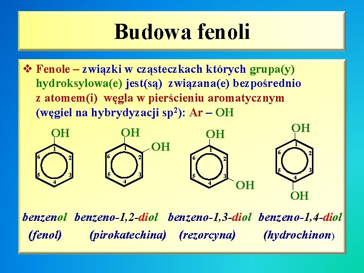 Budowa fenoli v Fenole – związki w cząsteczkach których grupa(y) hydroksylowa(e) jest(są) związana(e) bezpośrednio