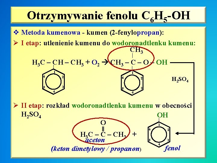 Otrzymywanie fenolu C 6 H 5 -OH v Metoda kumenowa - kumen (2 -fenylopropan):