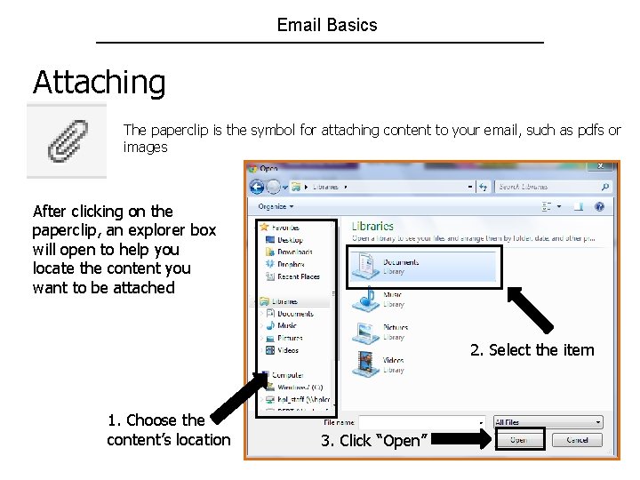 Email Basics Attaching The paperclip is the symbol for attaching content to your email,