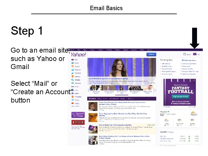 Email Basics Step 1 Go to an email site, such as Yahoo or Gmail