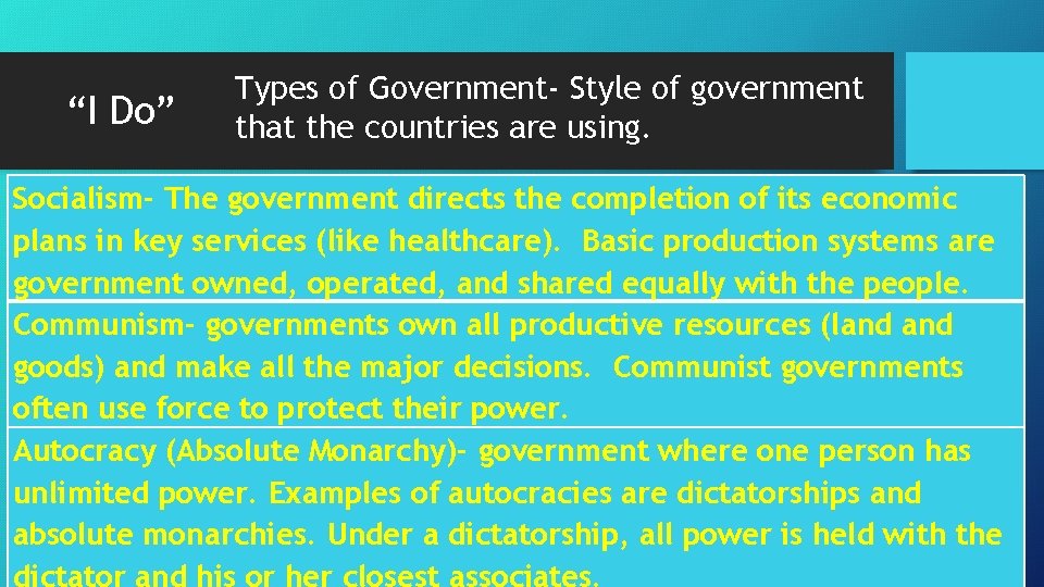 “I Do” Types of Government- Style of government that the countries are using. Socialism-