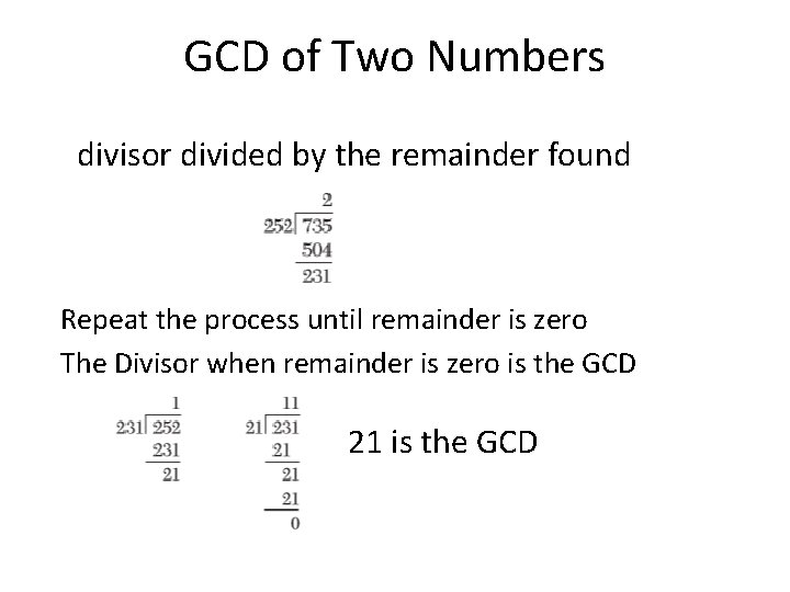 GCD of Two Numbers divisor divided by the remainder found Repeat the process until GCD of Two Numbers divisor divided by the remainder found Repeat the process until
