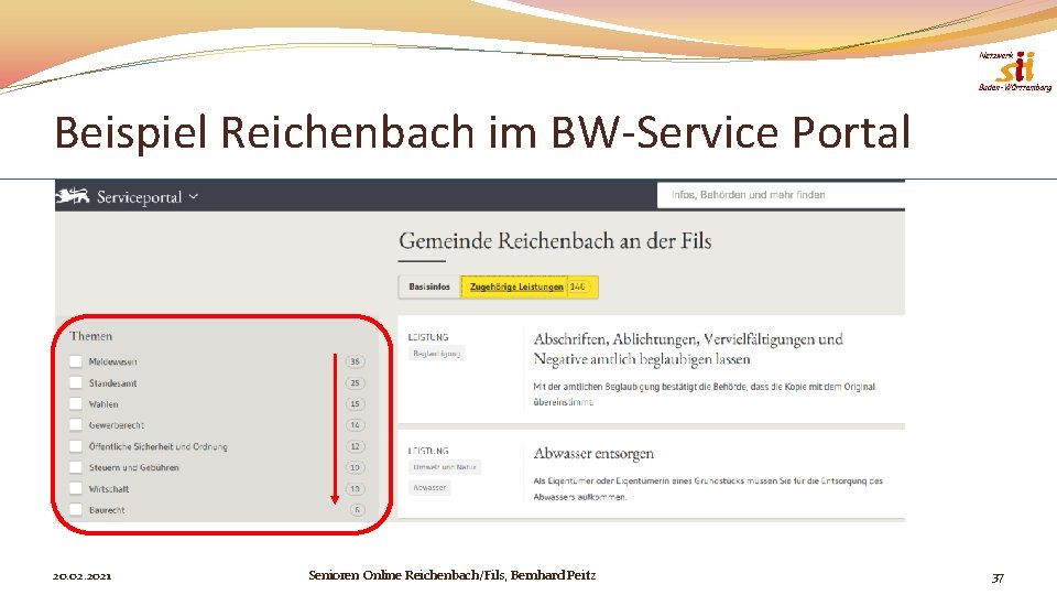 Beispiel Reichenbach im BW-Service Portal 20. 02. 2021 Senioren Online Reichenbach/Fils, Bernhard Peitz 37