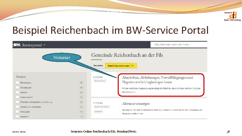 Beispiel Reichenbach im BW-Service Portal Notariat 20. 02. 2021 Senioren Online Reichenbach/Fils, Bernhard Peitz