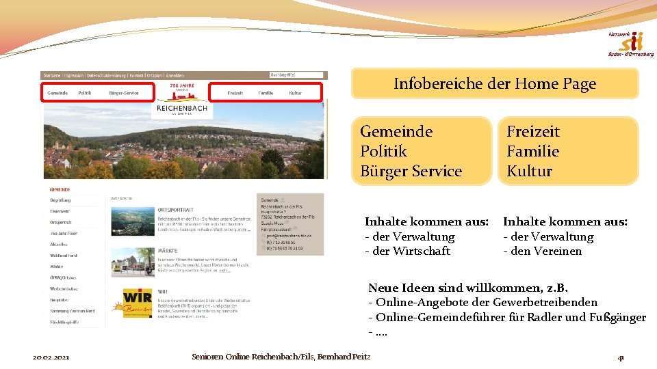 In Reichenbach/Fils Infobereiche der Home Page Gemeinde Politik Bürger Service Inhalte kommen aus: -