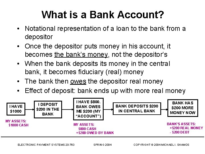 What is a Bank Account? • Notational representation of a loan to the bank