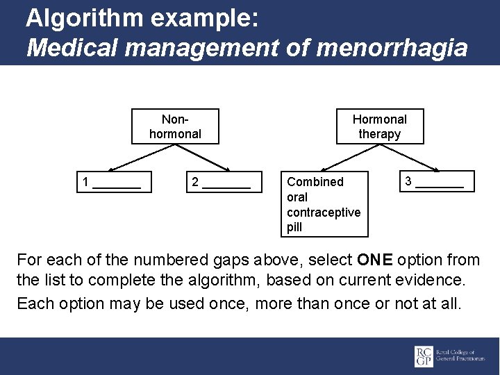 Algorithm example: Medical management of menorrhagia Nonhormonal 1 _______ 2 _______ Hormonal therapy Combined