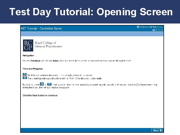 Test Day Tutorial: Opening Screen Promoting Excellence in Family Medicine 