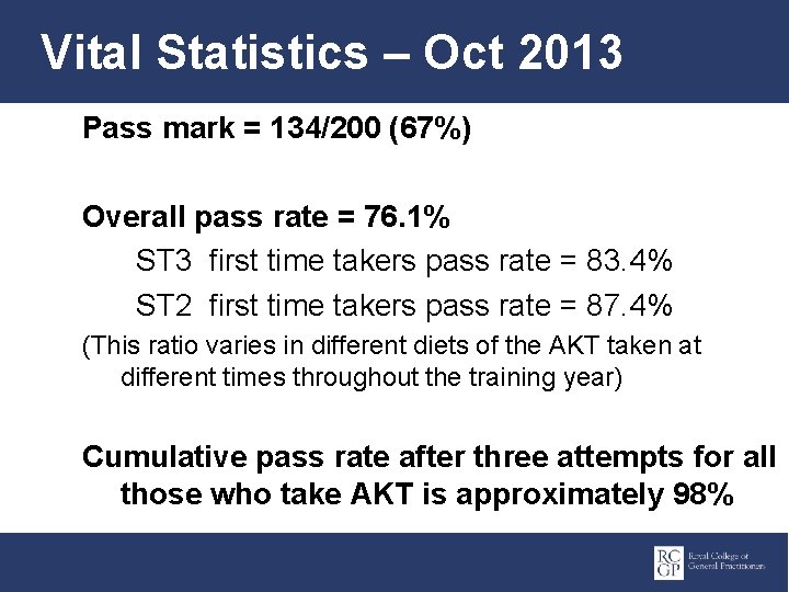 Vital Statistics – Oct 2013 Pass mark = 134/200 (67%) Overall pass rate =