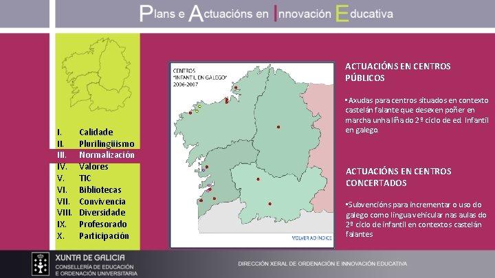 ACTUACIÓNS EN CENTROS PÚBLICOS I. III. IV. V. VIII. IX. X. Calidade Plurilingüismo Normalización