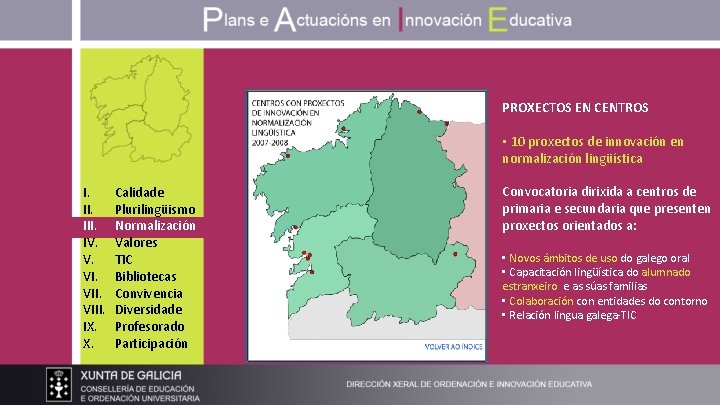 PROXECTOS EN CENTROS • 10 proxectos de innovación en normalización lingüística I. III. IV.