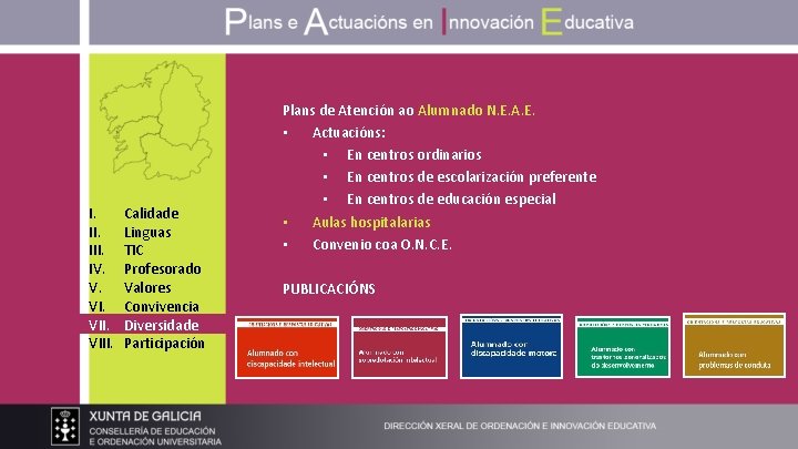 I. III. IV. V. VIII. Calidade Linguas TIC Profesorado Valores Convivencia Diversidade Participación Plans