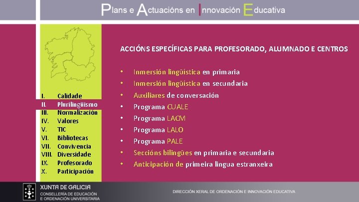 ACCIÓNS ESPECÍFICAS PARA PROFESORADO, ALUMNADO E CENTROS I. III. IV. V. VIII. IX. X.