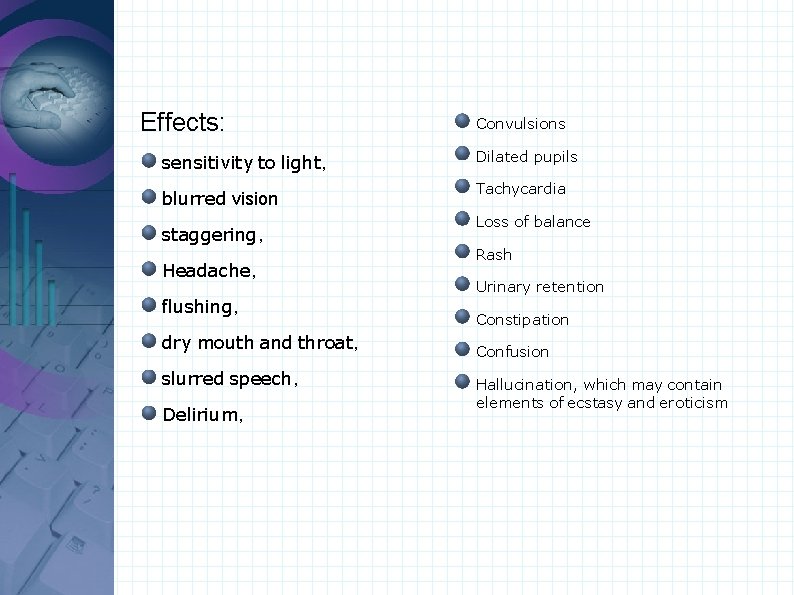 Effects: sensitivity to light, blurred vision staggering, Headache, flushing, dry mouth and throat, slurred