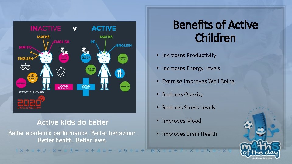 Benefits of Active Children • Increases Productivity • Increases Energy Levels • Exercise Improves