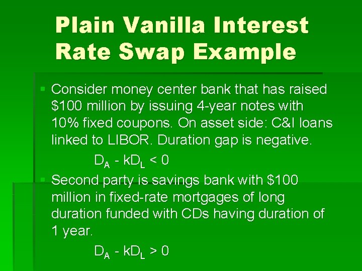 Plain Vanilla Interest Rate Swap Example § Consider money center bank that has raised