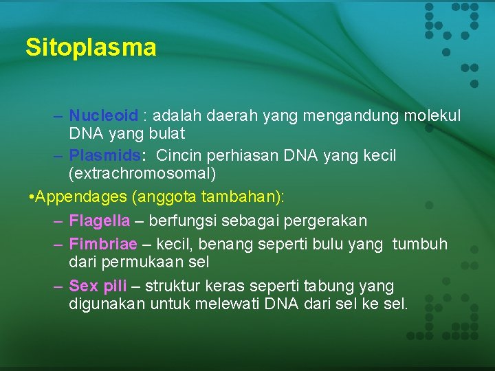 Sitoplasma – Nucleoid : adalah daerah yang mengandung molekul DNA yang bulat – Plasmids: