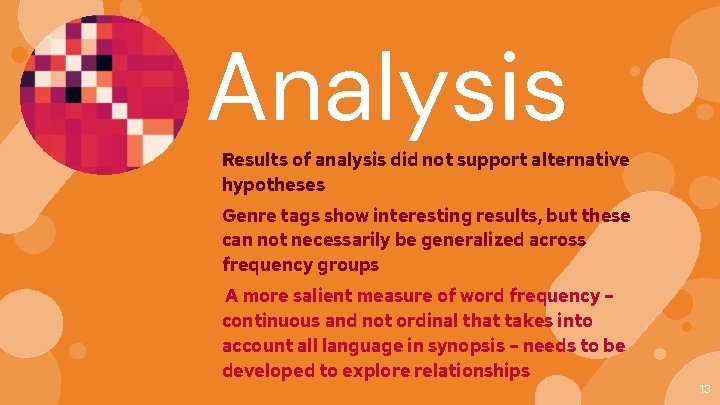 Analysis Results of analysis did not support alternative hypotheses Genre tags show interesting results,