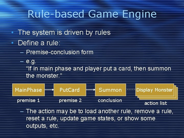 Rule-based Game Engine • The system is driven by rules • Define a rule:
