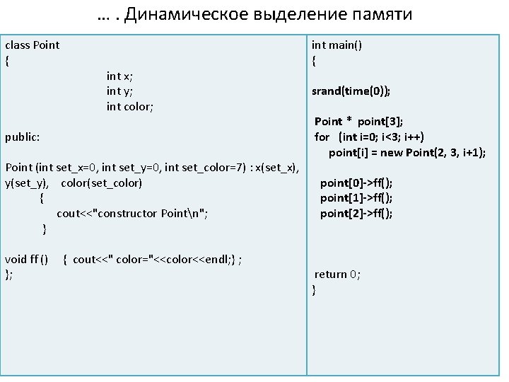 …. Динамическое выделение памяти class Point { int x; int y; int color; public: