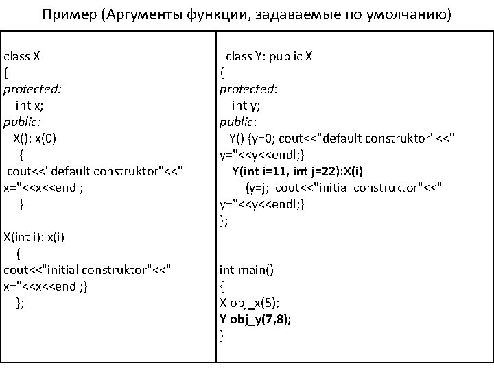 Пример (Аргументы функции, задаваемые по умолчанию) class X { protected: int x; public: X():