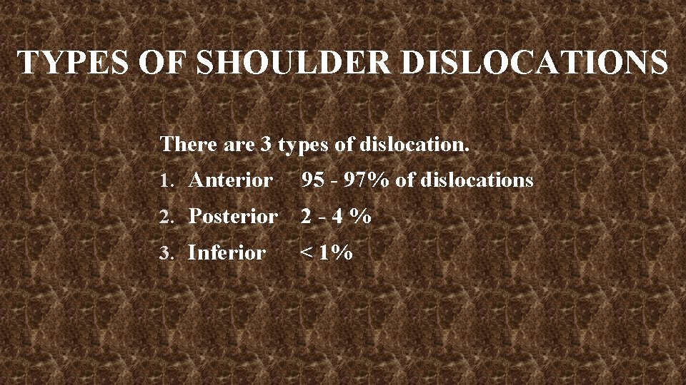 TYPES OF SHOULDER DISLOCATIONS There are 3 types of dislocation. 1. Anterior 95 -