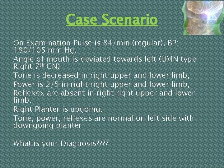 Case Scenario On Examination Pulse is 84/min (regular), BP: 180/105 mm Hg. Angle of