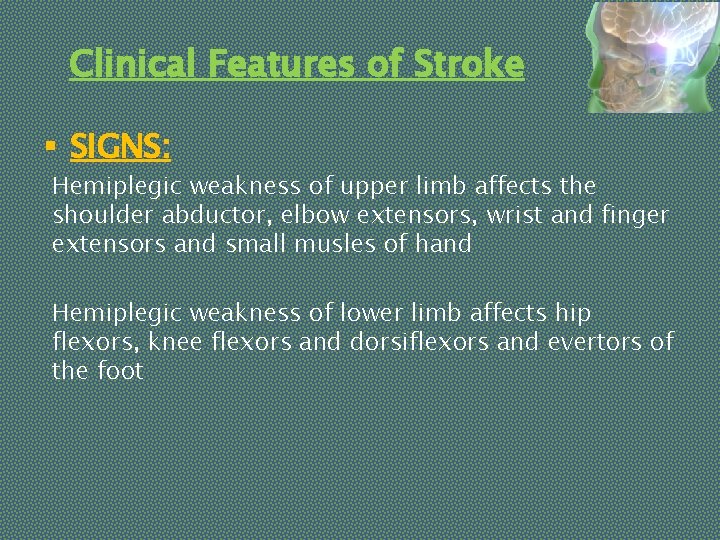 Clinical Features of Stroke § SIGNS: Hemiplegic weakness of upper limb affects the shoulder