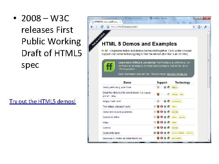  • 2008 – W 3 C releases First Public Working Draft of HTML