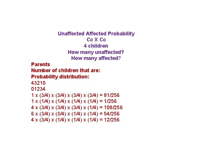 Unaffected Affected Probability Cc X Cc 4 children How many unaffected? How many affected?