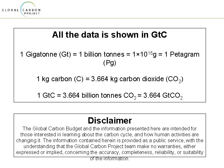 All the data is shown in Gt. C 1 Gigatonne (Gt) = 1 billion