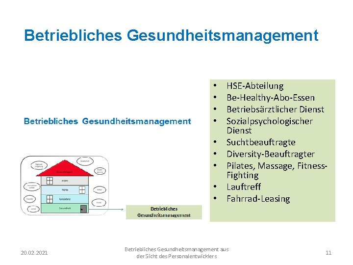 Betriebliches Gesundheitsmanagement • • • 20. 02. 2021 HSE-Abteilung Be-Healthy-Abo-Essen Betriebsärztlicher Dienst Sozialpsychologischer Dienst